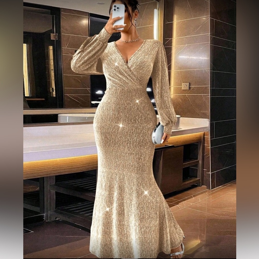 Luxe plus lantern sleeve shimmering  sequins party formal evening prom dress - Picture 8 of 8